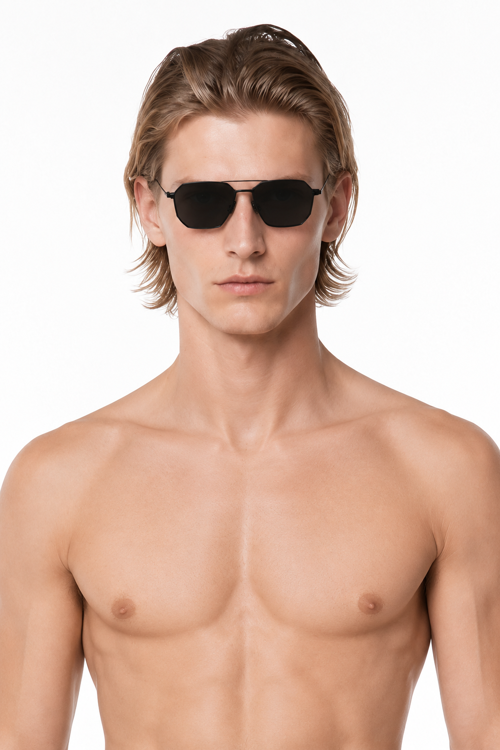 Male editorial model wearing METAL FRAME SUNGLASSES 000 by A. Manso — front view