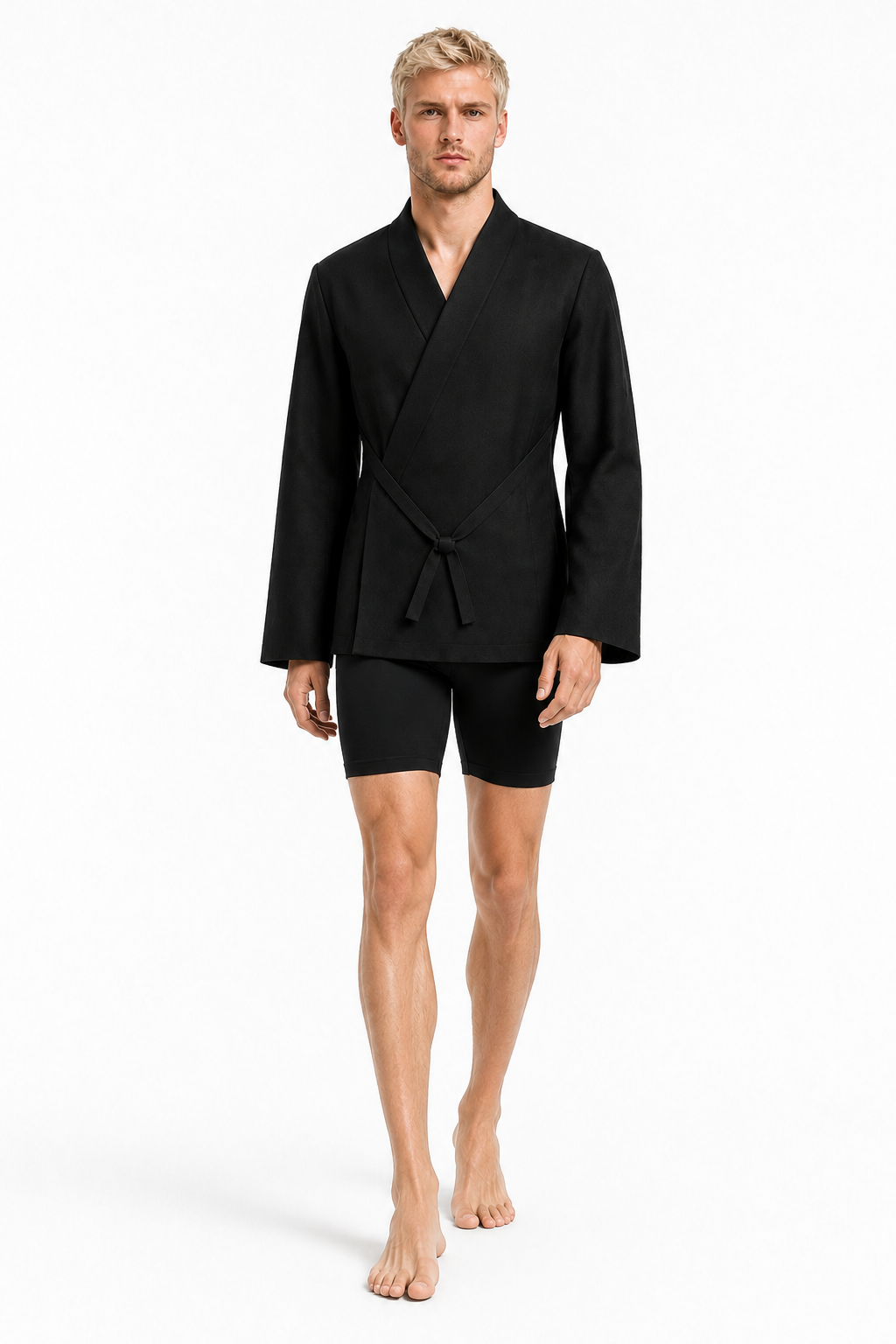 Male editorial model wearing OBSIDIAN KIMONO SHIRT 000 by A. Manso — front view
