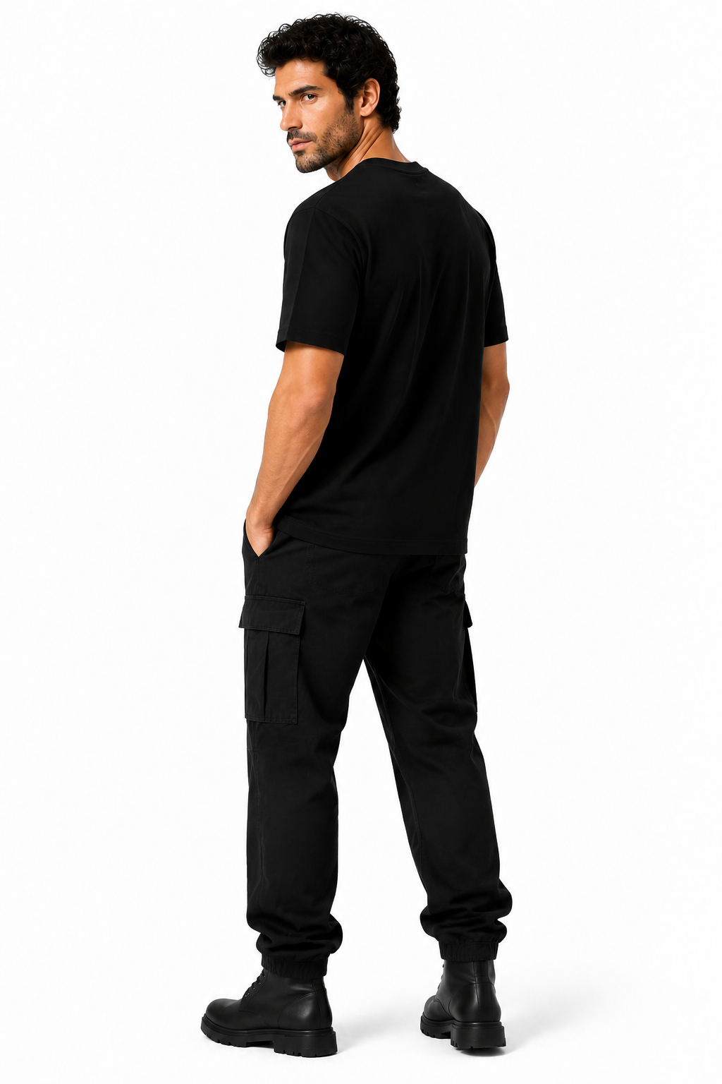 Male editorial model wearing RESTRAINT CARRIES WEIGHT by A. Manso — front view