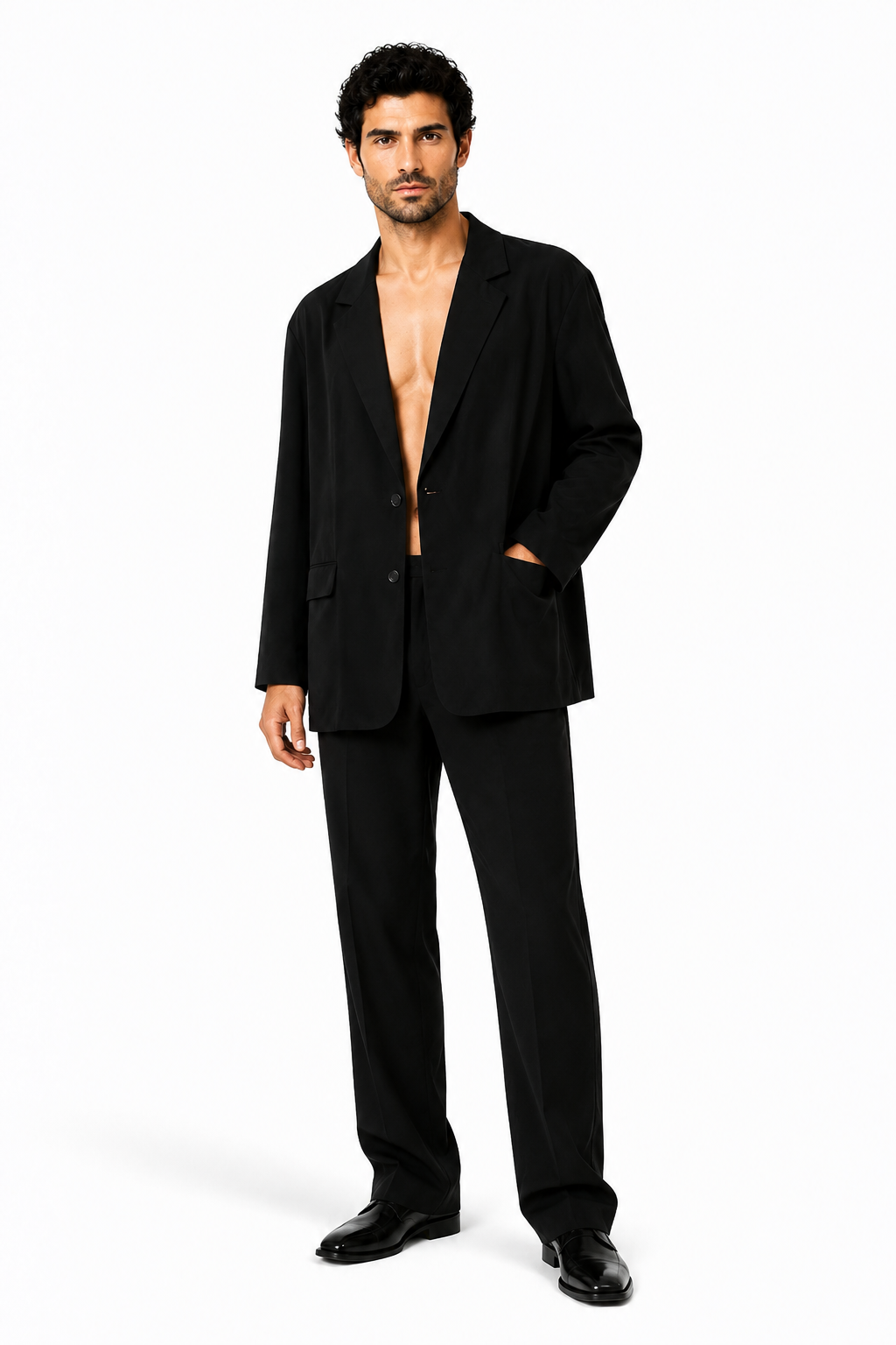 Male editorial model wearing SUPERIORITY NEEDS NO PALETTE by A. Manso — three-quarter view