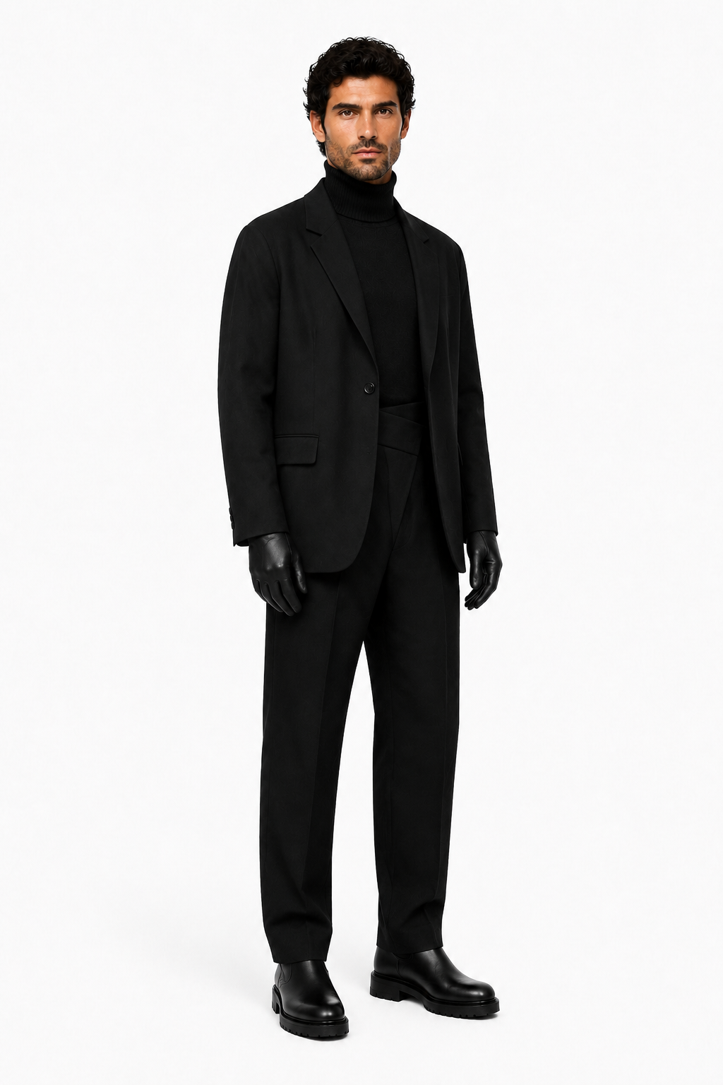 Male editorial model wearing THE COLLAR HOLDS COMMAND by A. Manso — front view