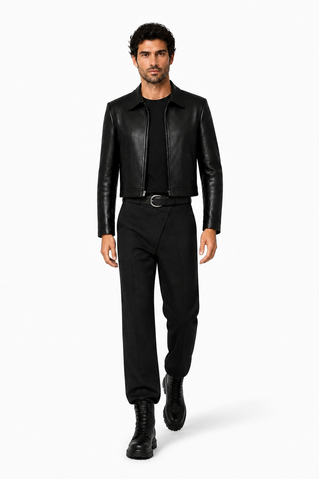 Male editorial model wearing THE CUT CONTROLS THE NOISE by A. Manso — front view