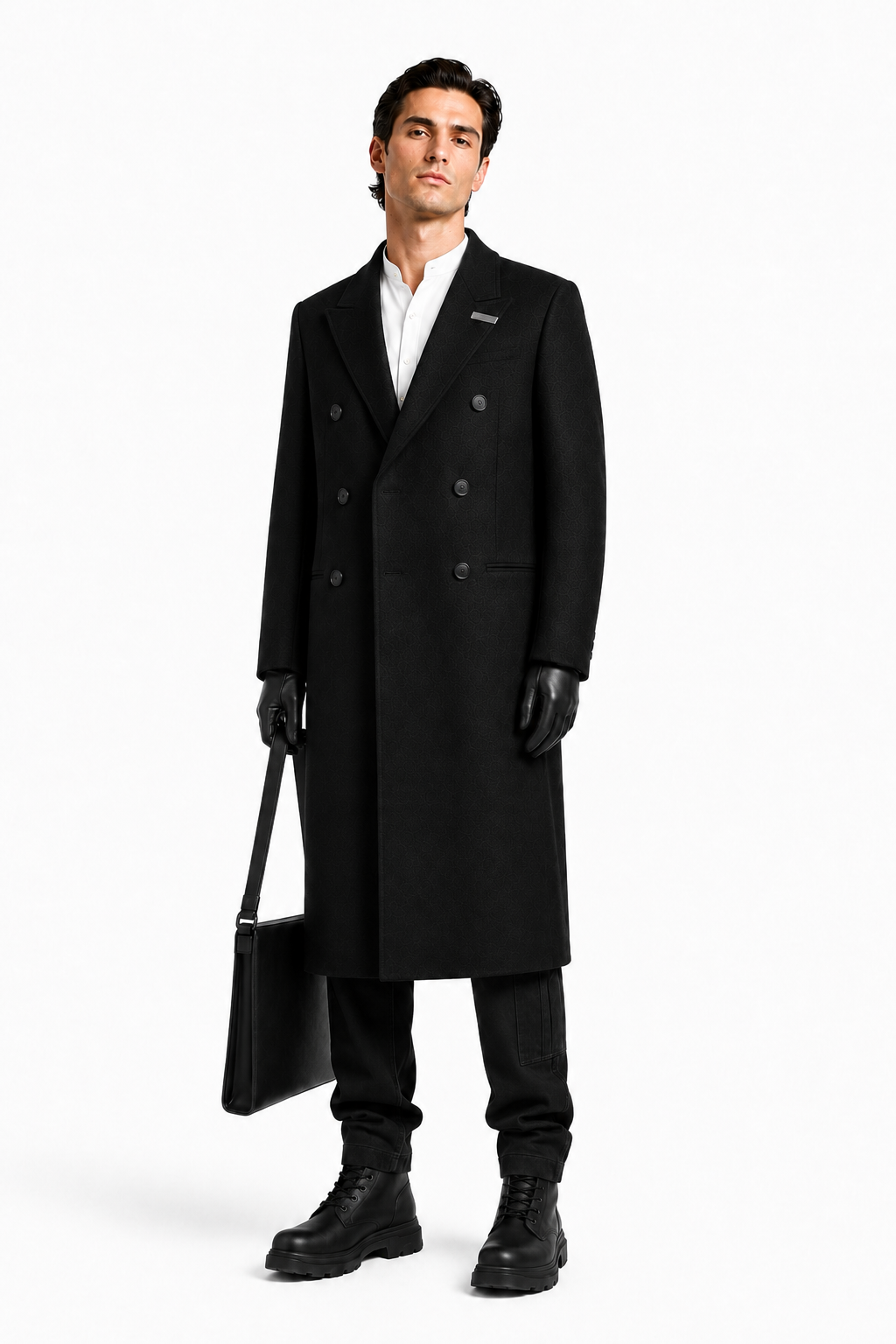 Male editorial model wearing THE LINE REFUSES INTERRUPTION by A. Manso — front view