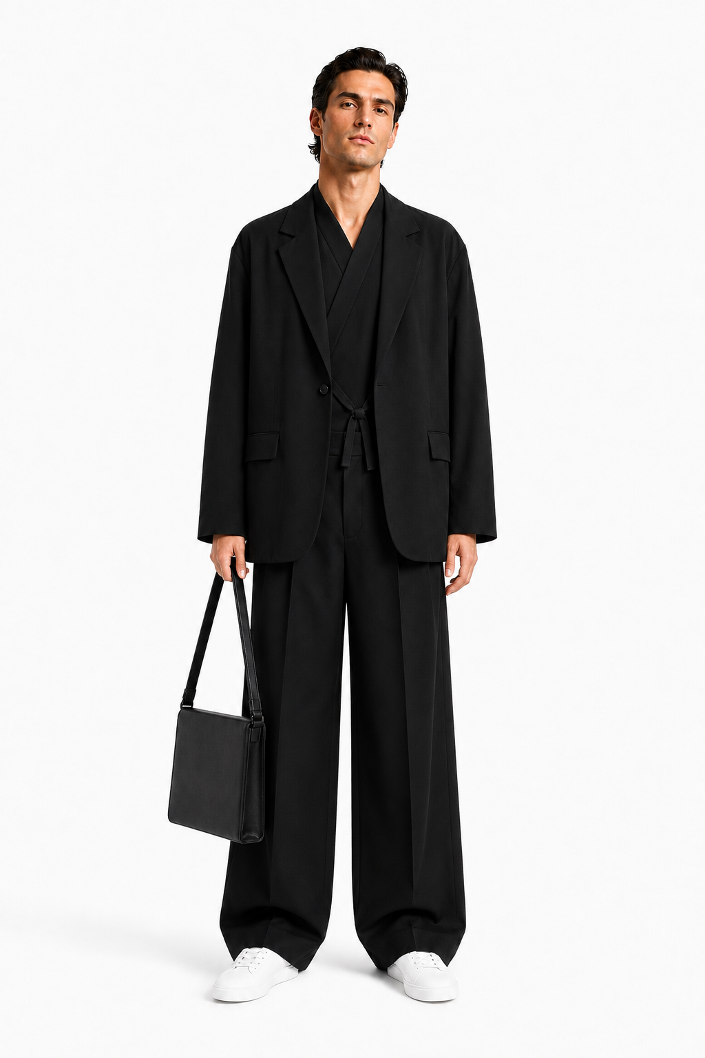 Male editorial model wearing THE SUIT WAS NEVER THE POINT by A. Manso — front view