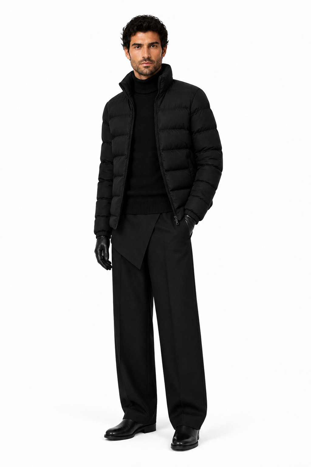 Male editorial model wearing WEIGHT HAS A LANGUAGE by A. Manso — front view