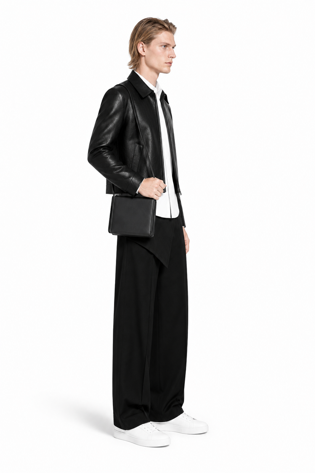 Male editorial model wearing WHITE CUTS THROUGH BLACK by A. Manso — front view