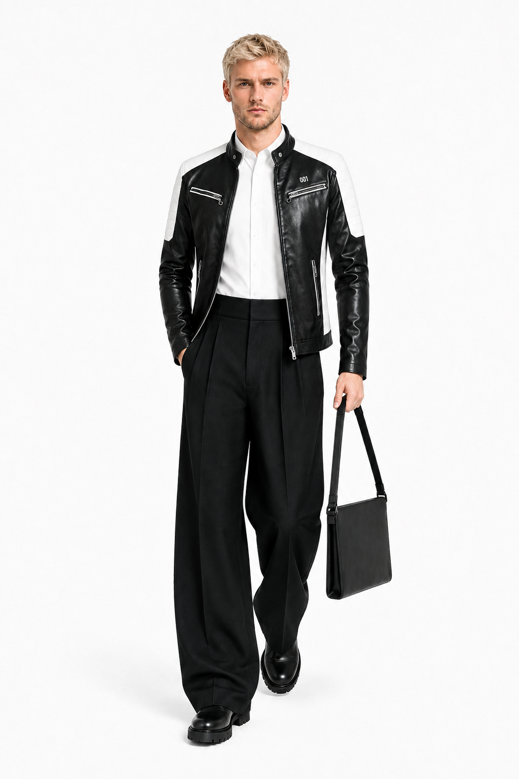 Male editorial model wearing WHITE DOES NOT RETREAT by A. Manso — front view