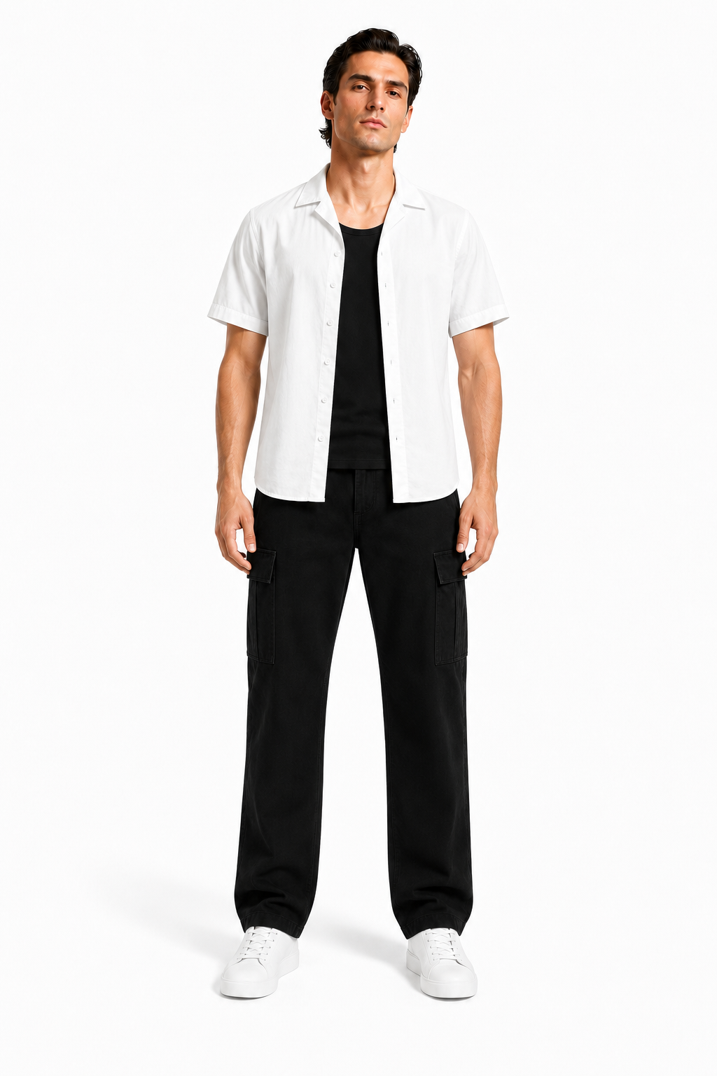 Male editorial model wearing WHITE IS NOT INNOCENT by A. Manso — front view
