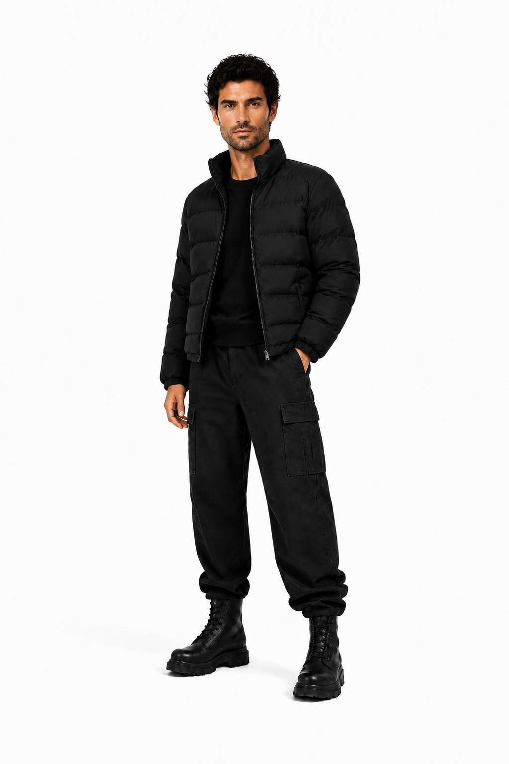 Male editorial model wearing WINTER IS NOT A DESIGN EXCUSE by A. Manso — front view