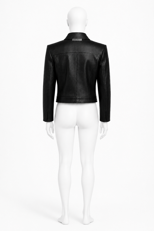 CROPPED LEATHER JACKET 000 full-body back view with rear-collar signature plaque