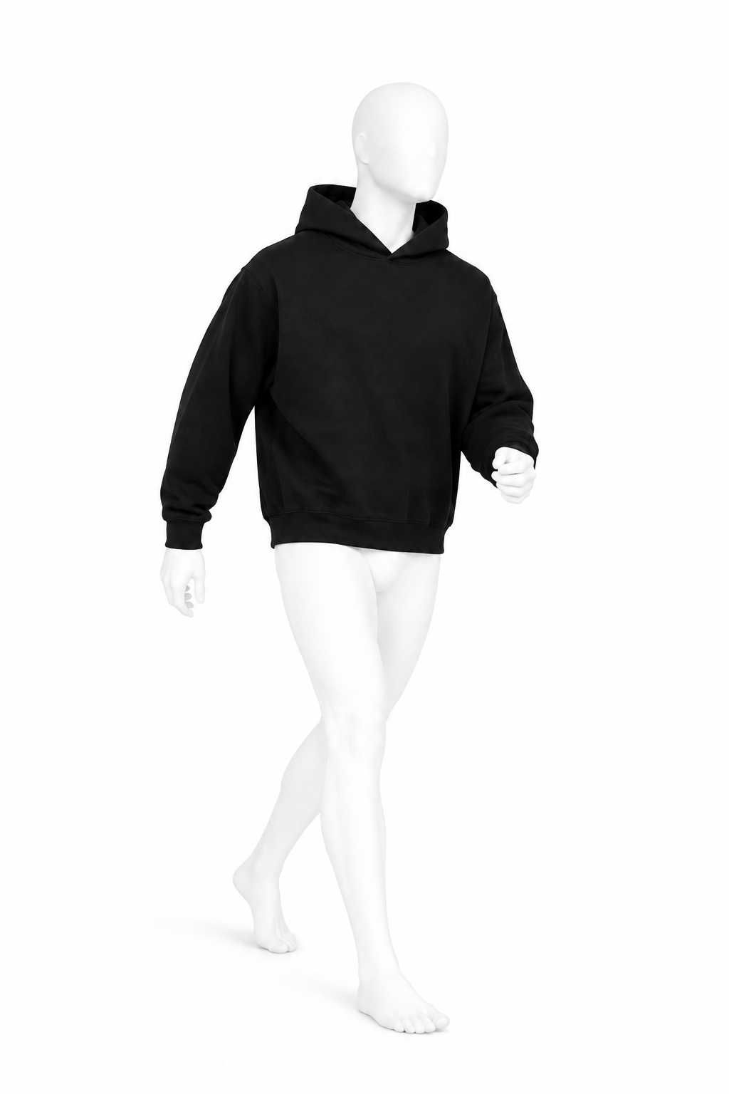 BOXY FLEECE HOODIE 001 on a masculine white mannequin in motion