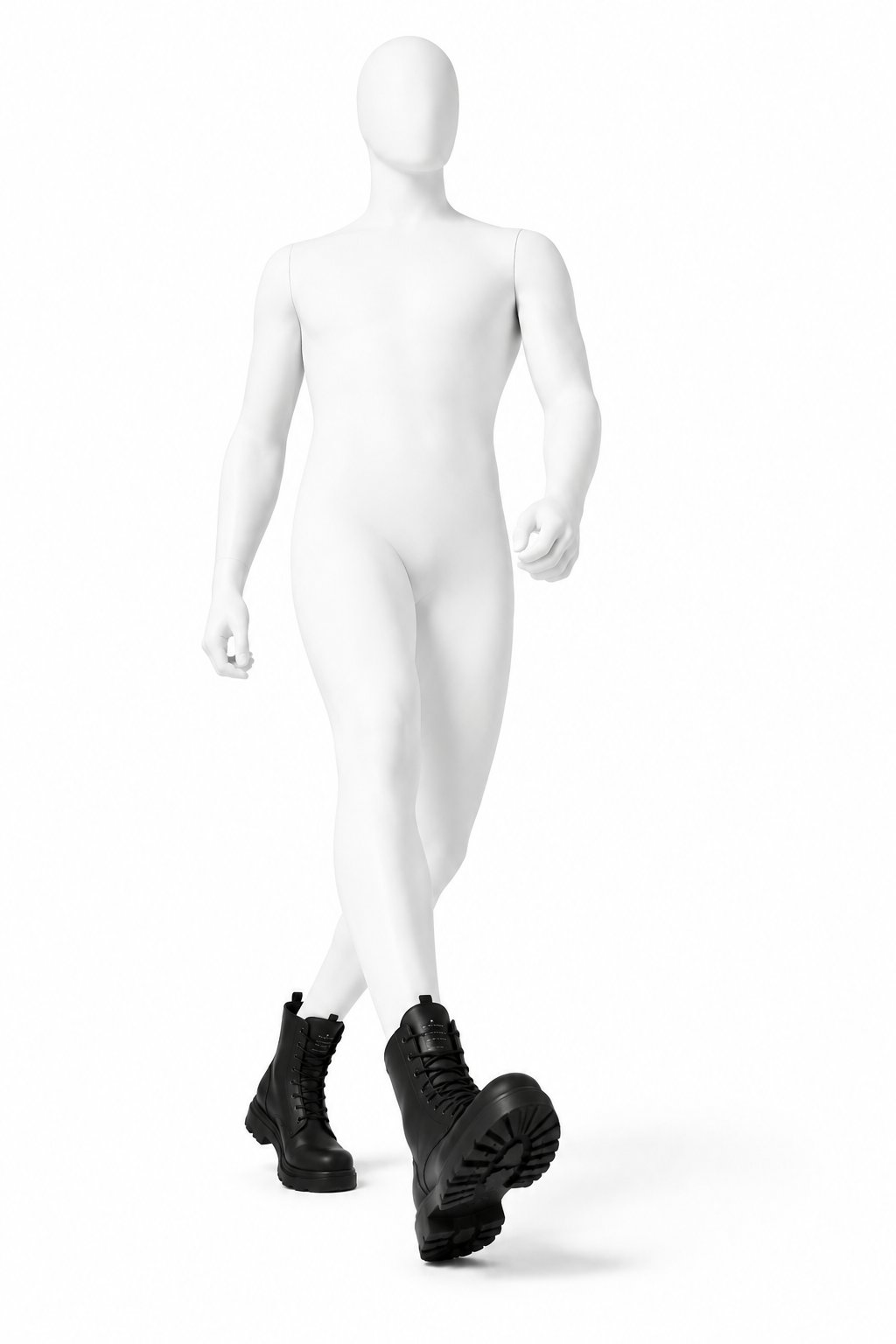 CHUNKY UTILITY BOOT 001 on a masculine white mannequin in a low-angle walking pose