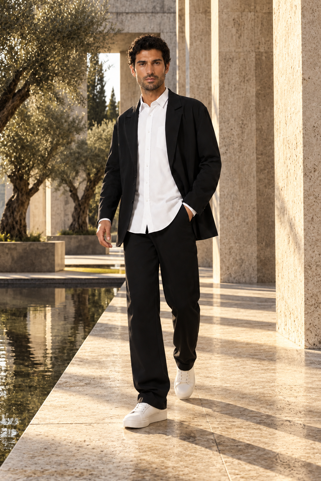 SUPERIORITY NEEDS NO PALETTE by A. Manso — black tailoring, white shirt and white sneakers; walking beside a reflecting pool.