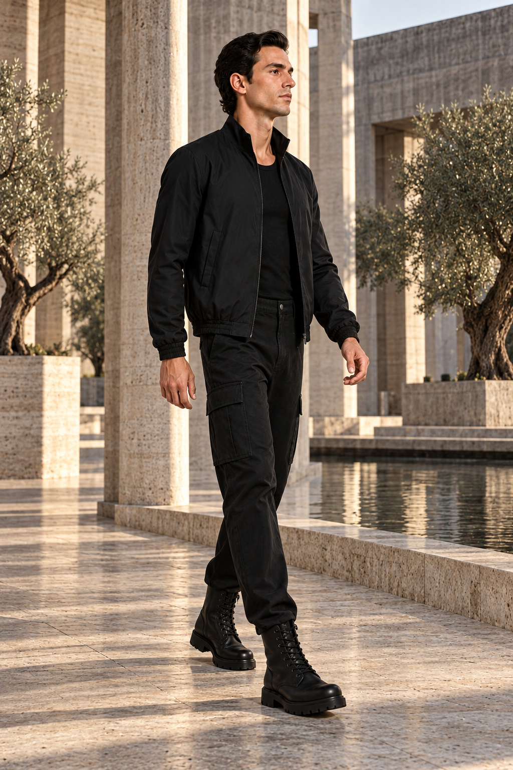 THE COLLAR SETS THE RANK by A. Manso — black stand-collar jacket, trousers and boots; walking in a stone courtyard.