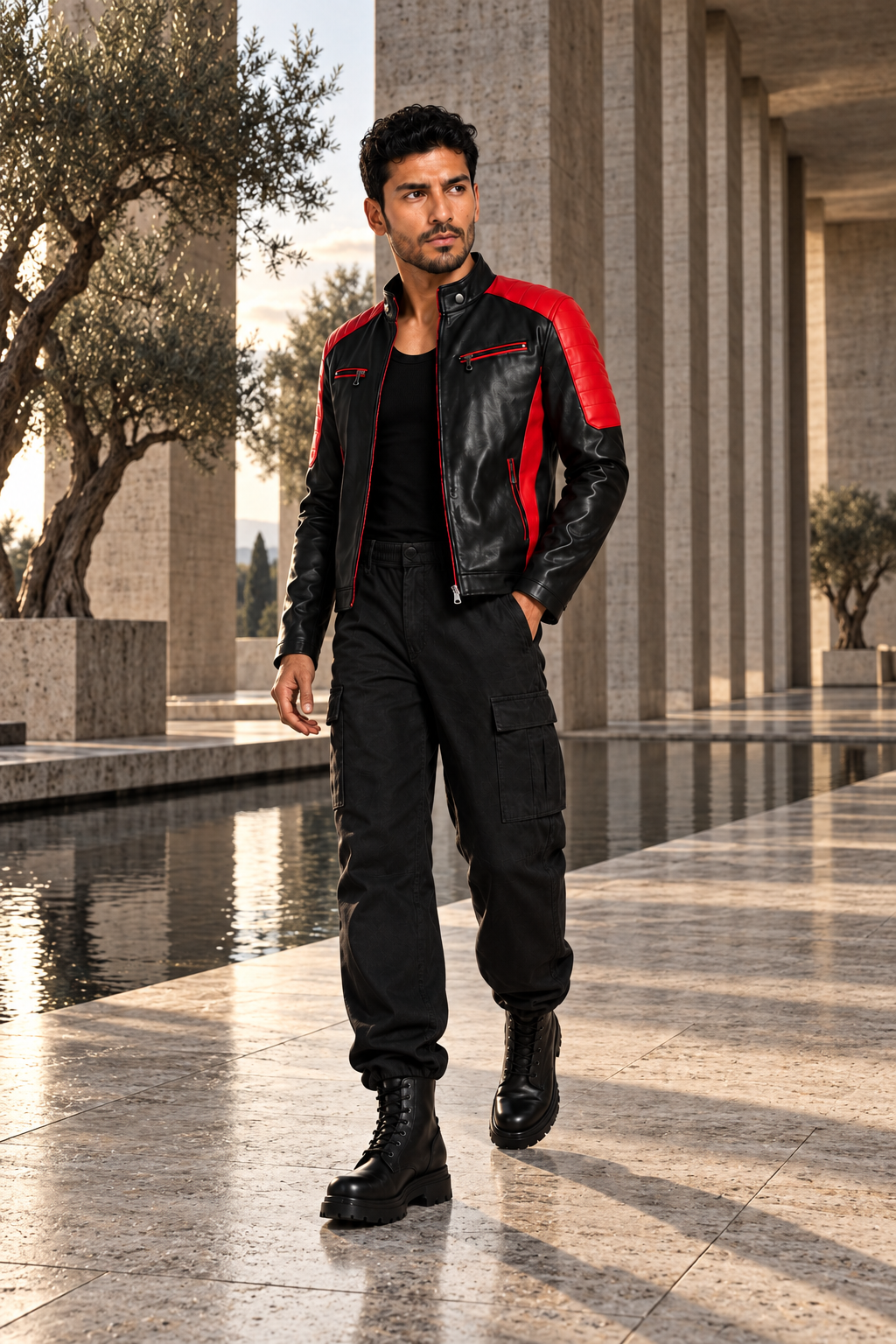 THE FIRST OFFENSIVE by A. Manso — black and red racer jacket, cargo trousers and boots; walking beside a reflecting pool.