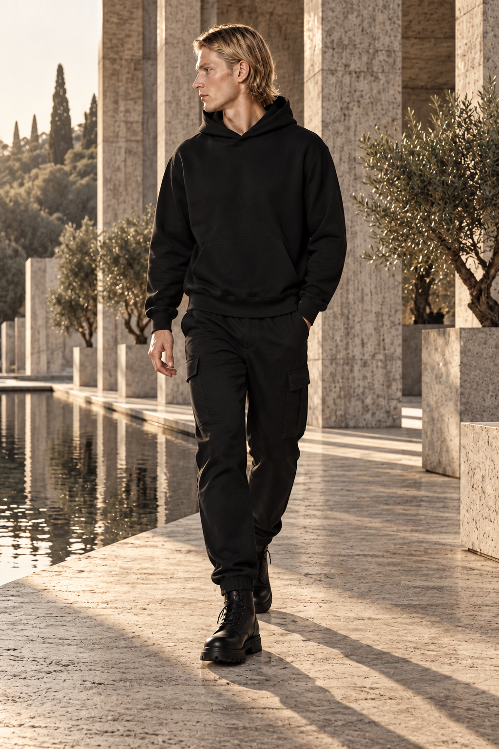 UTILITY STAYS QUIET by A. Manso — black hoodie, cargo trousers and boots; walking in a stone courtyard.