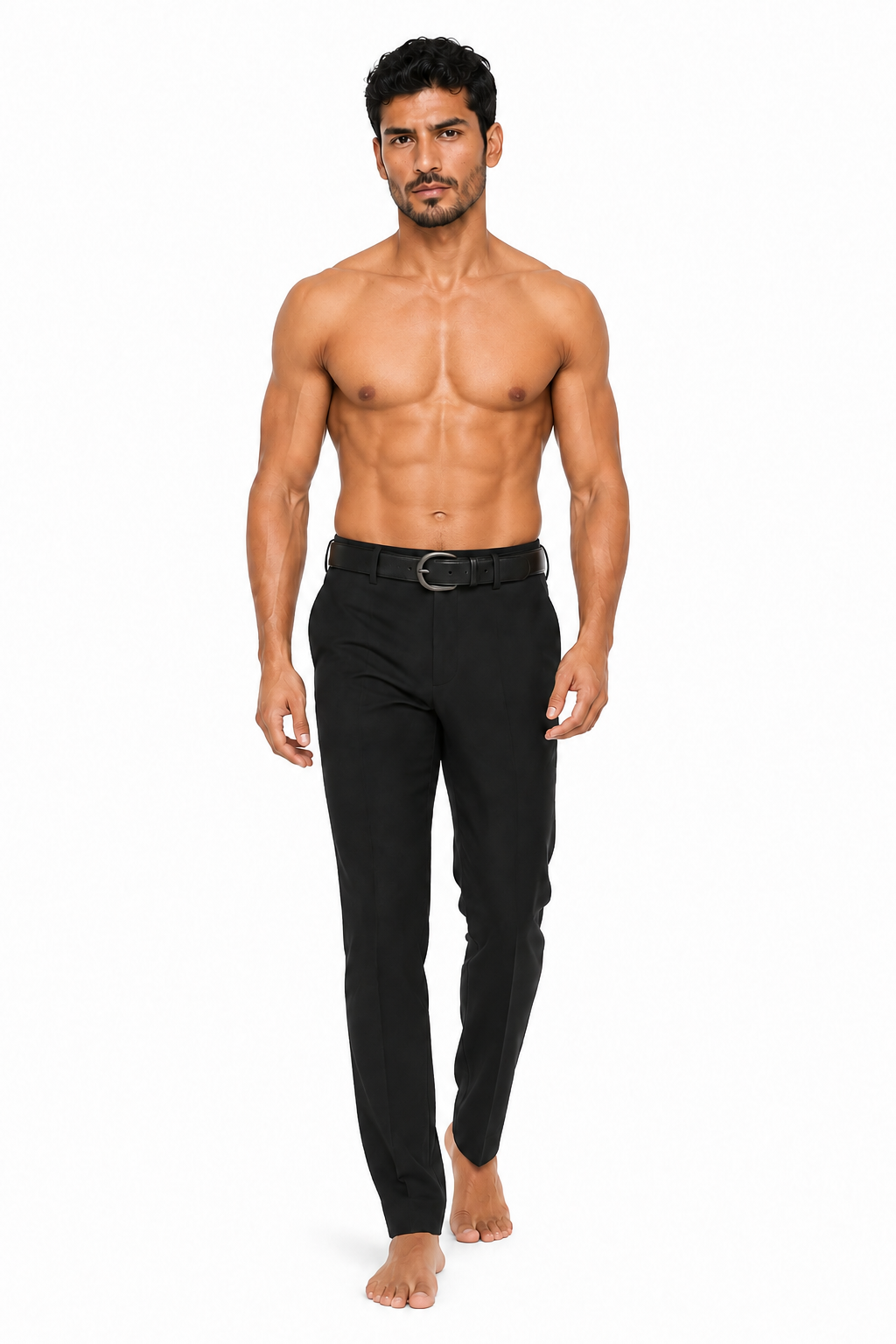 HARDWARE BELT 000 on shirtless barefoot male model — front walking view