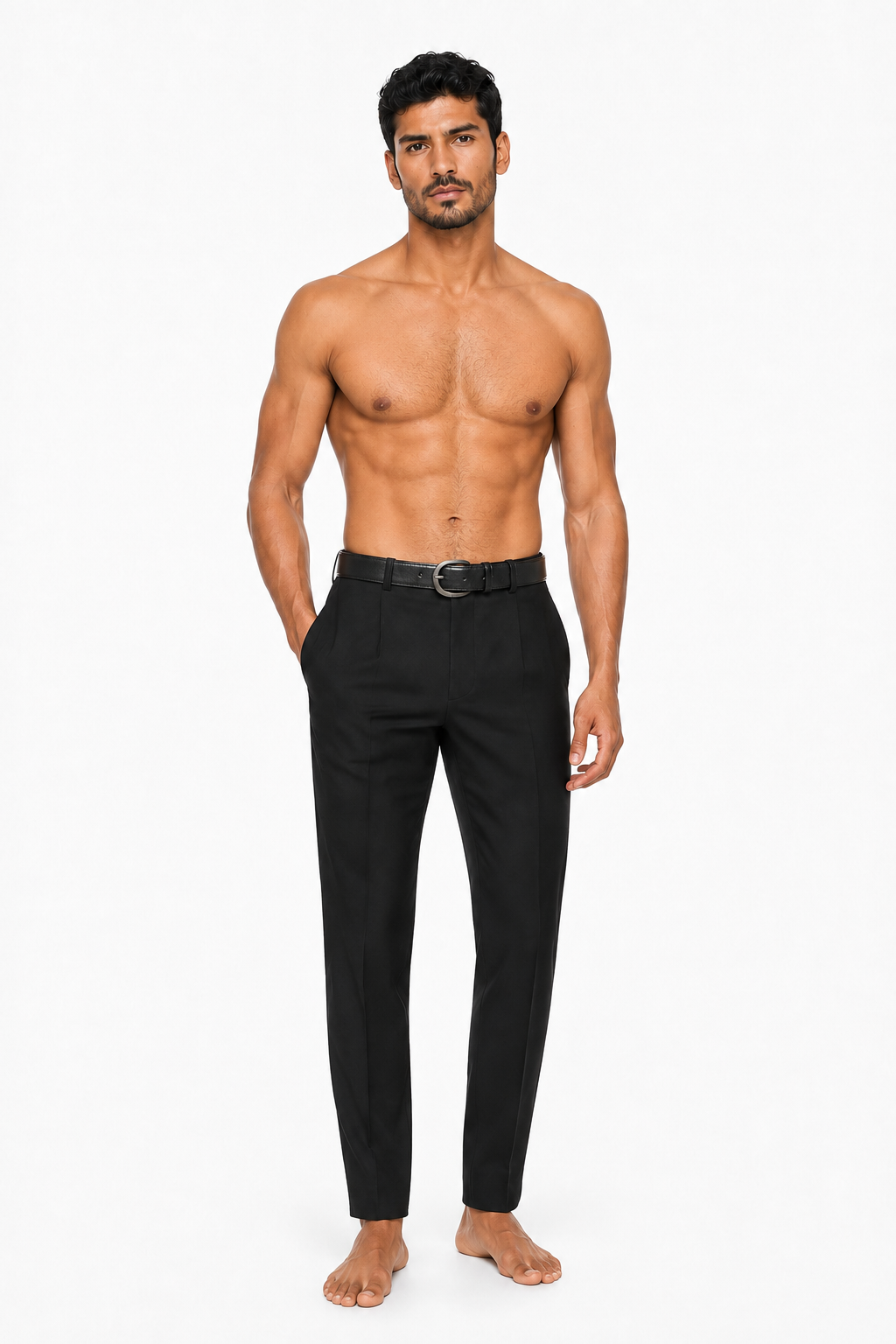HARDWARE BELT 000 on shirtless barefoot male model — relaxed front view