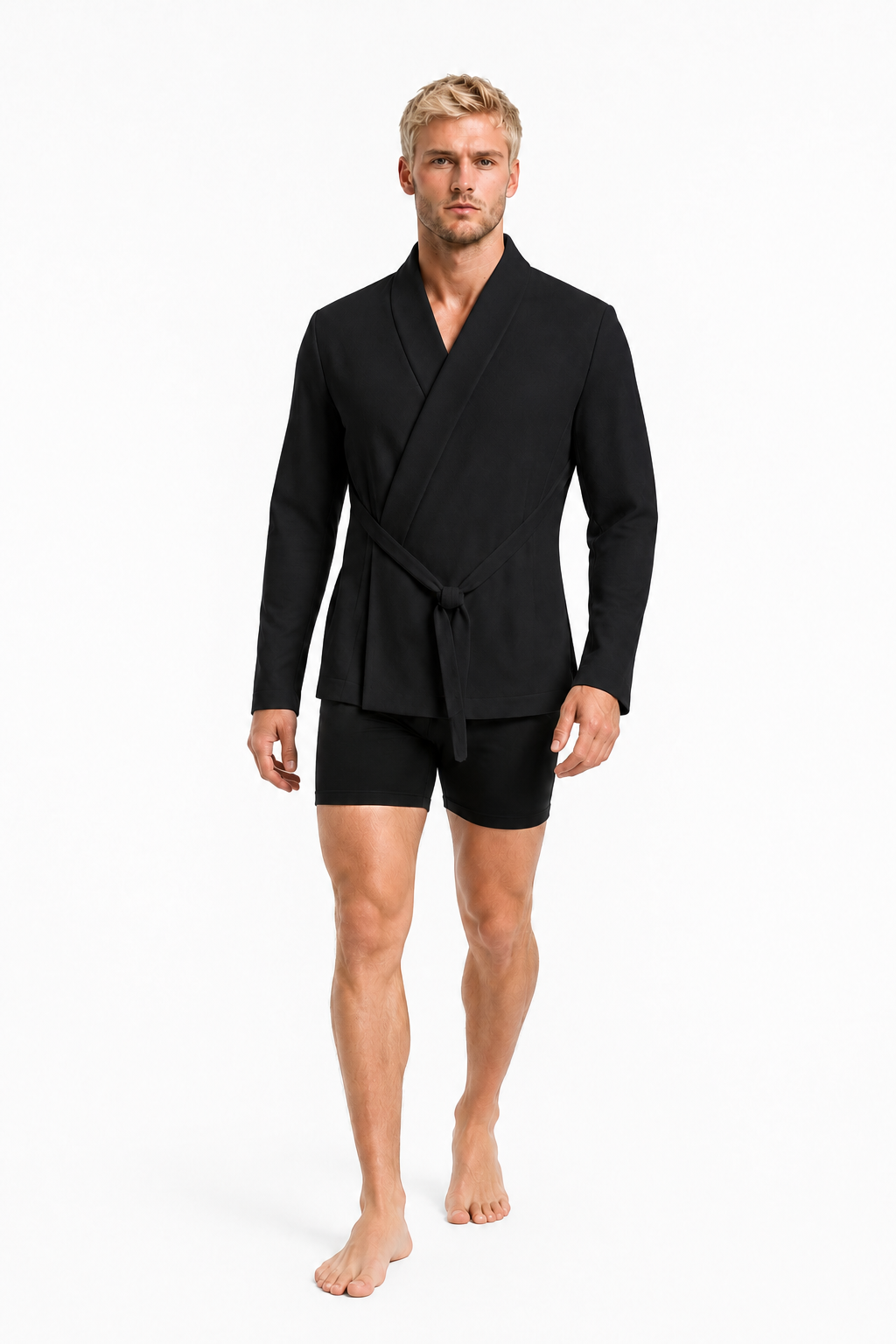 OBSIDIAN KIMONO SHIRT 000 — walking front view in Obsidian Black