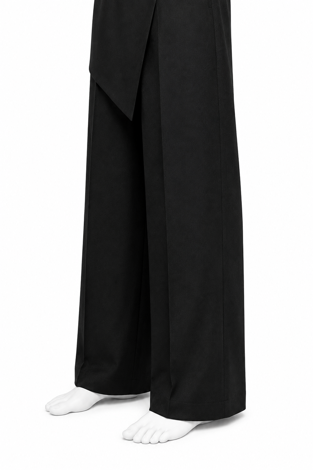 WRAP TROUSERS 000 wide-leg hem and black fabric drape detail