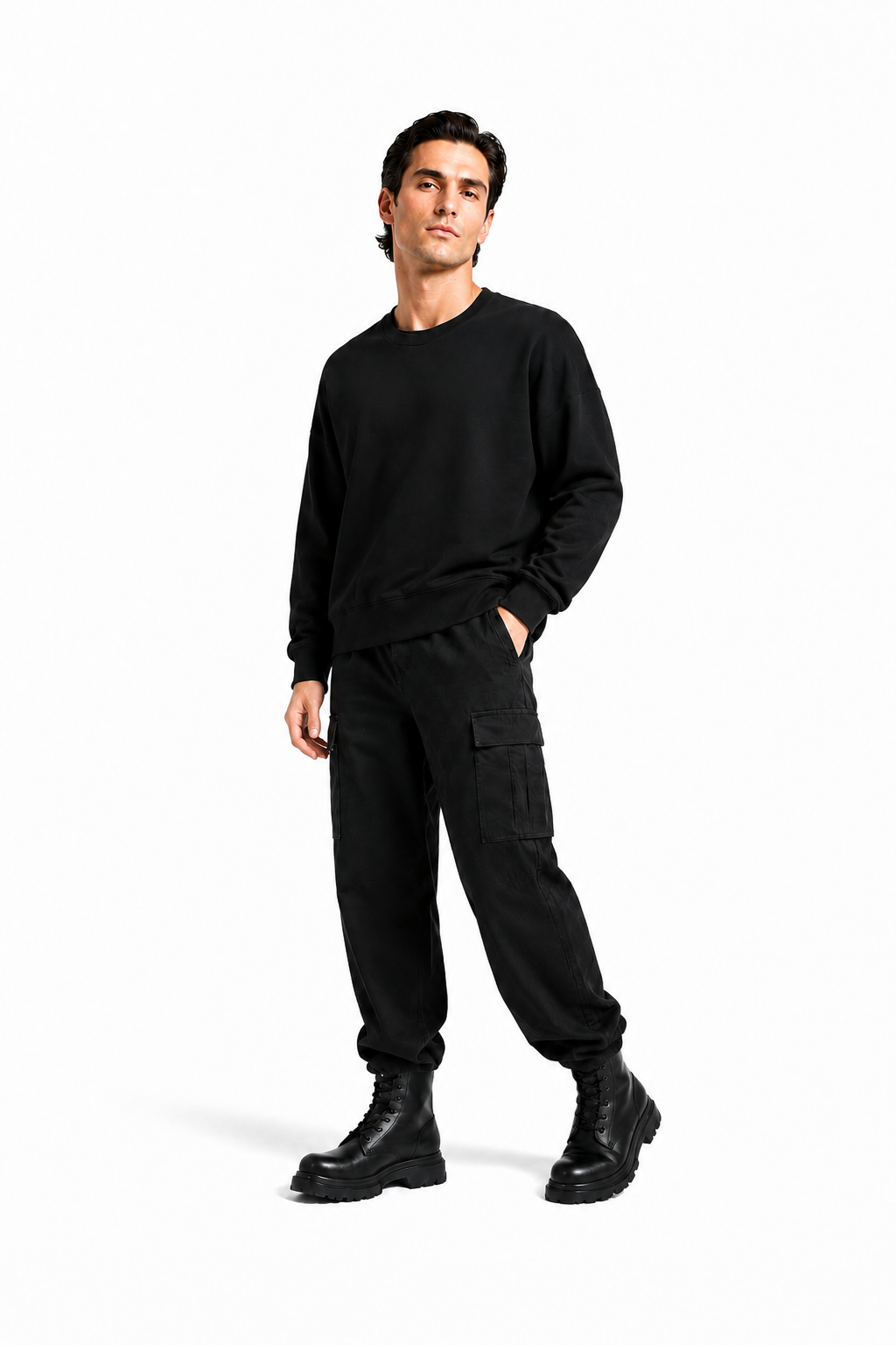Male editorial model wearing COMFORT WITHOUT SURRENDER by A. Manso — front view