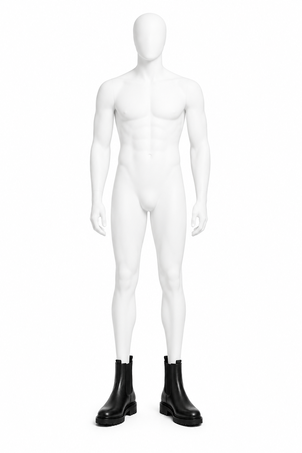 OBSIDIAN CHELSEA BOOTS 000 — full white mannequin wearing black chunky Chelsea boots