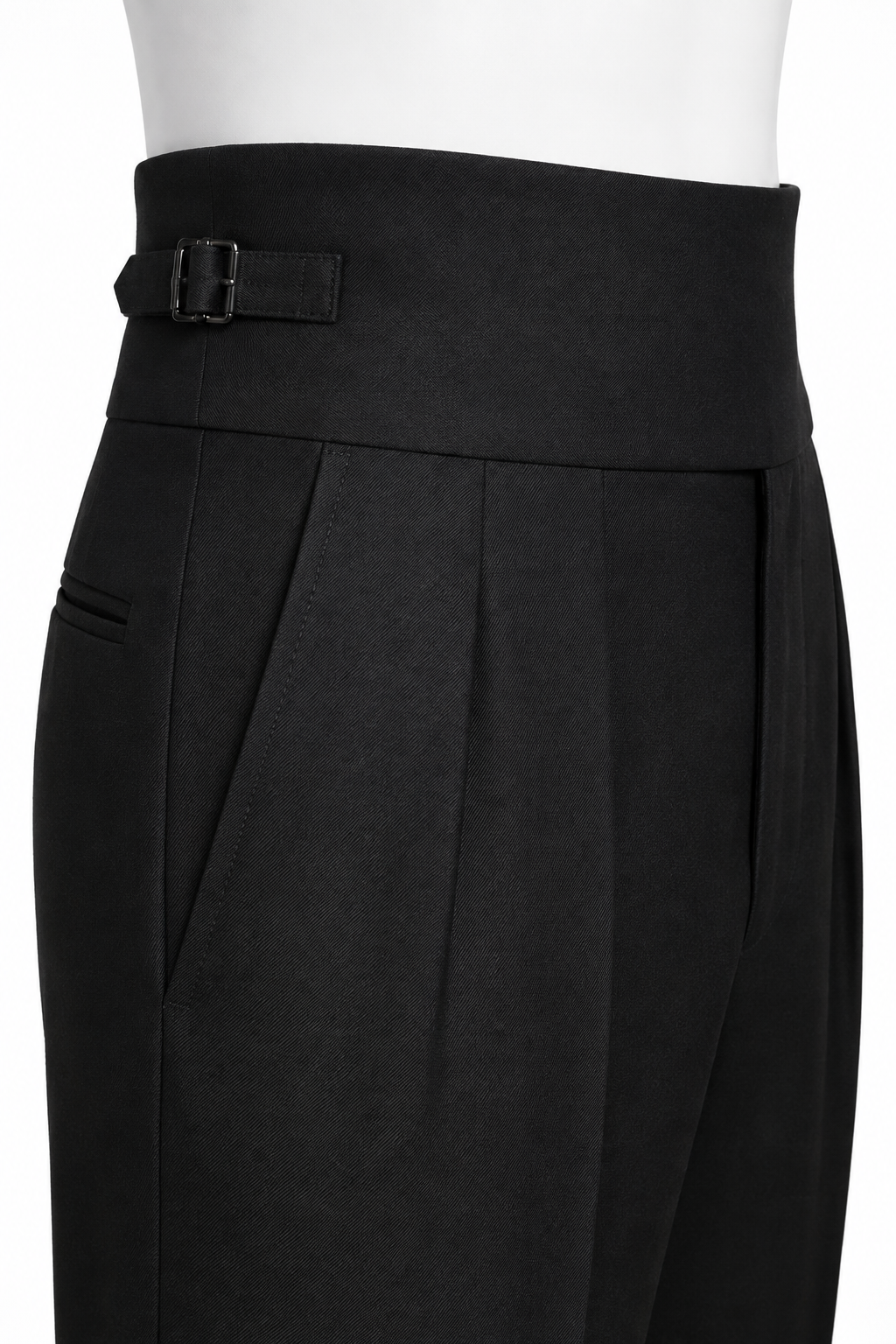 ITALIAN TROUSERS 000 side adjuster and black suiting texture detail