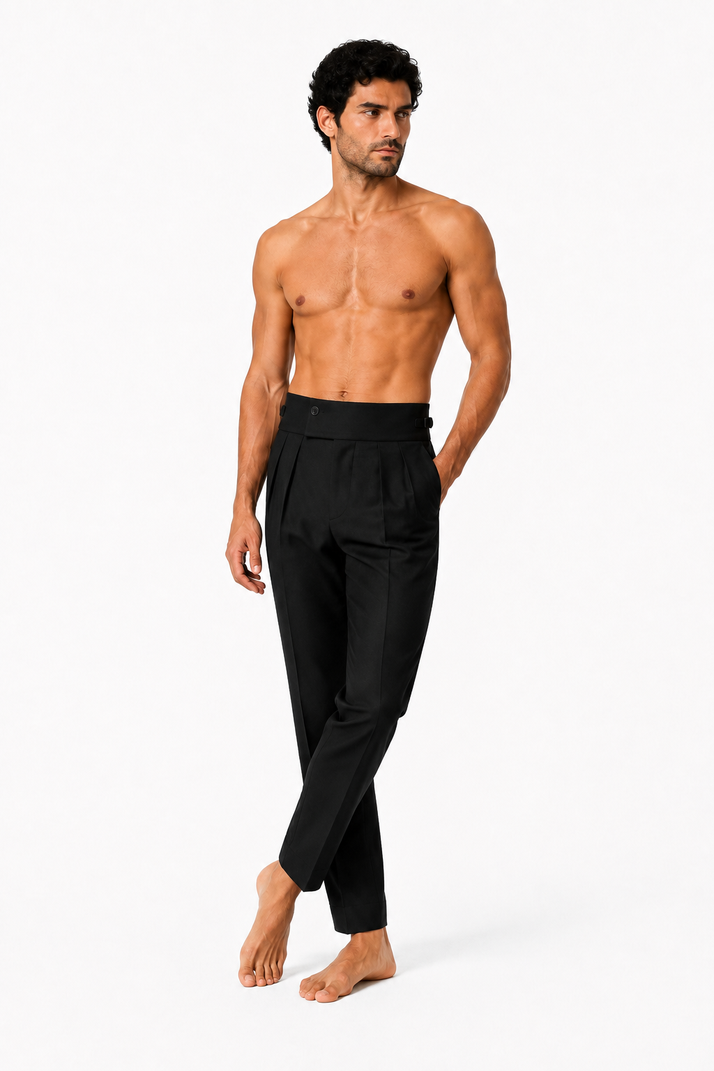 Shirtless barefoot male model wearing ITALIAN TROUSERS 000 by A. Manso, three-quarter view