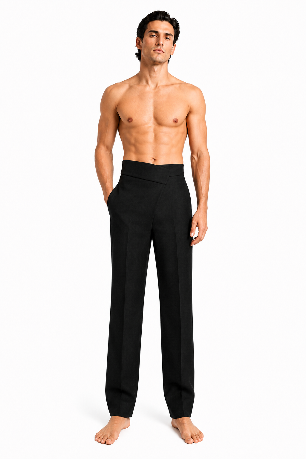Shirtless barefoot male model wearing JAPANESE TROUSERS 000 by A. Manso, front view