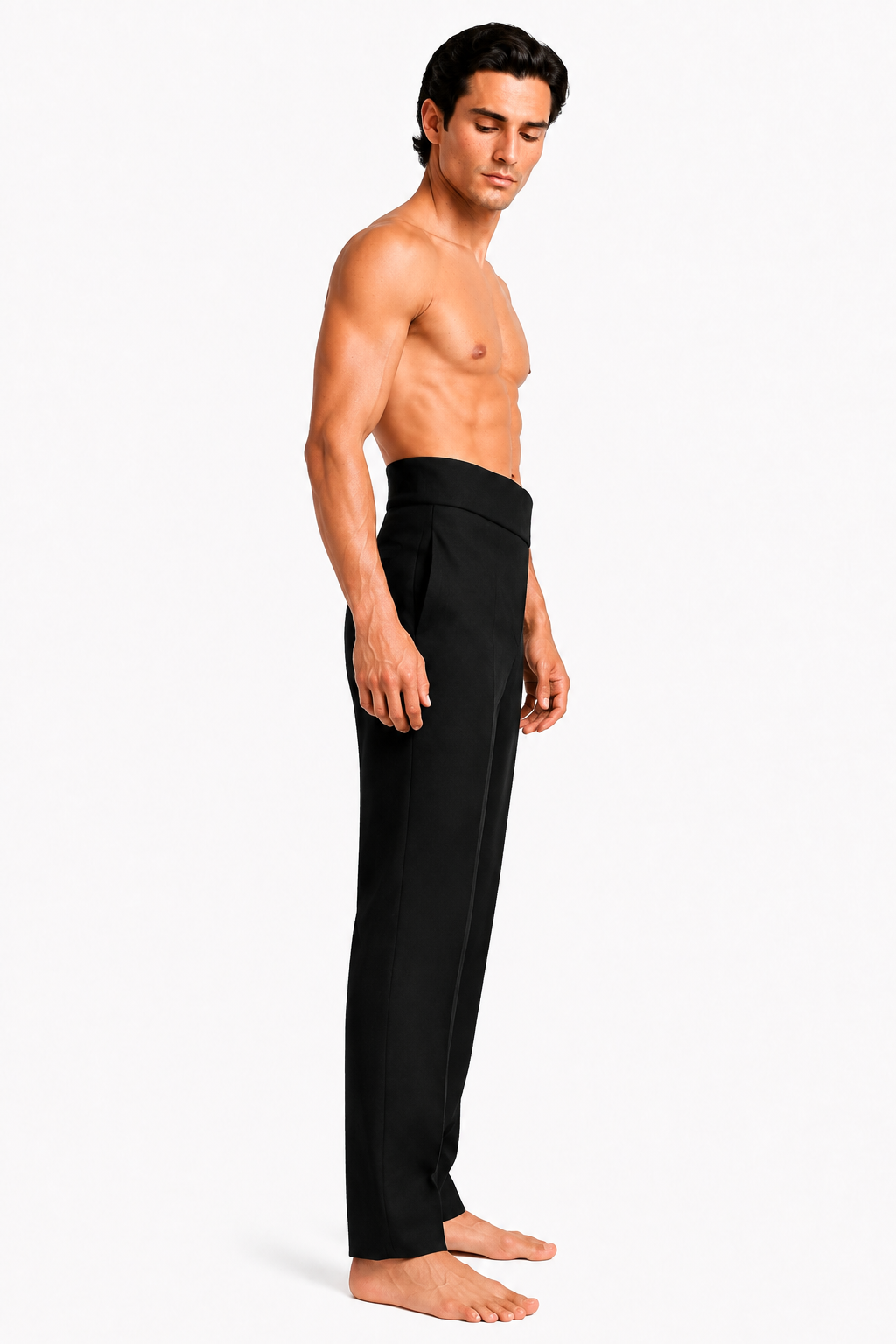 Shirtless barefoot male model wearing JAPANESE TROUSERS 000 by A. Manso, side view