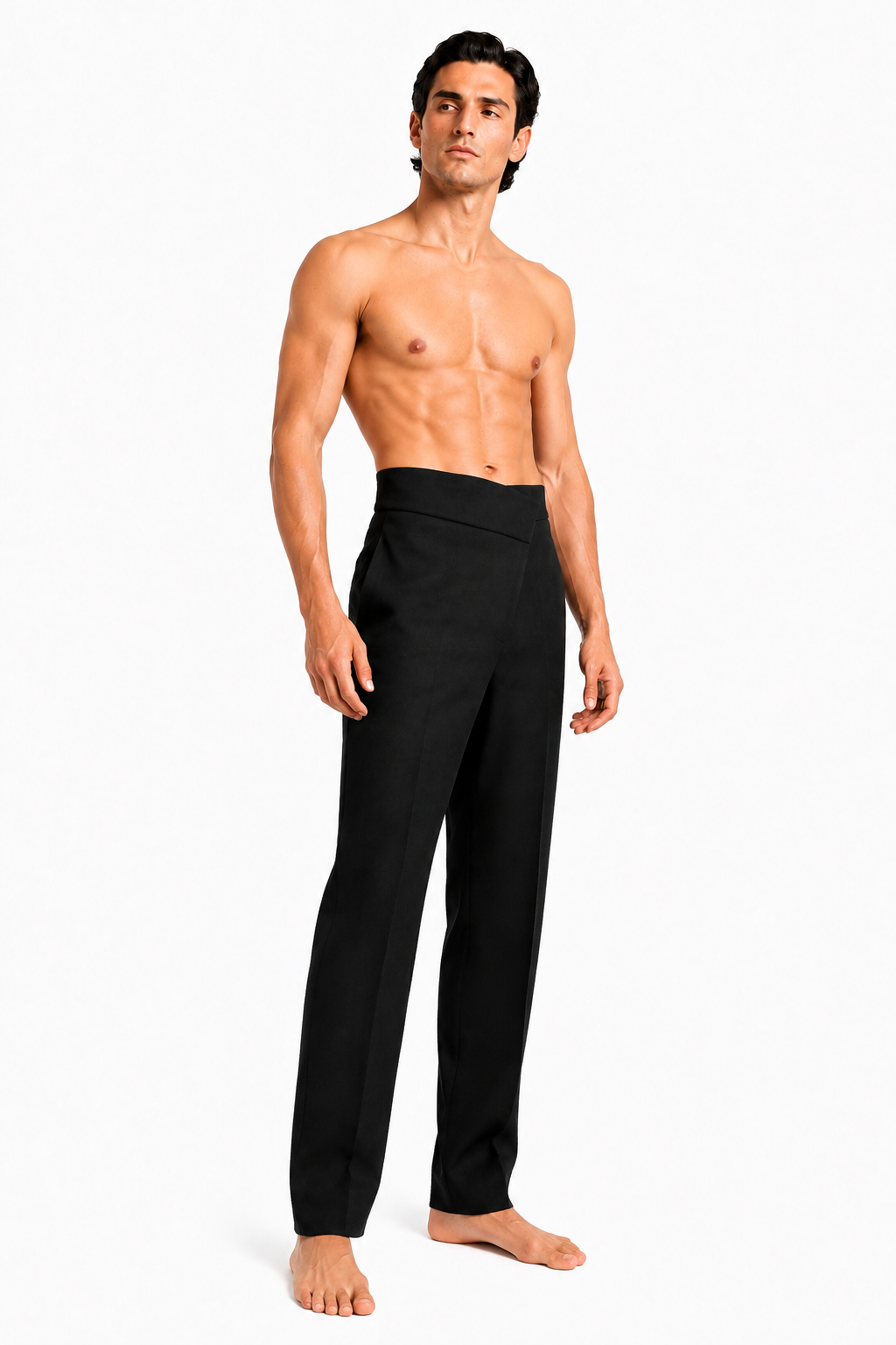 Shirtless barefoot male model wearing JAPANESE TROUSERS 000 by A. Manso, three-quarter view