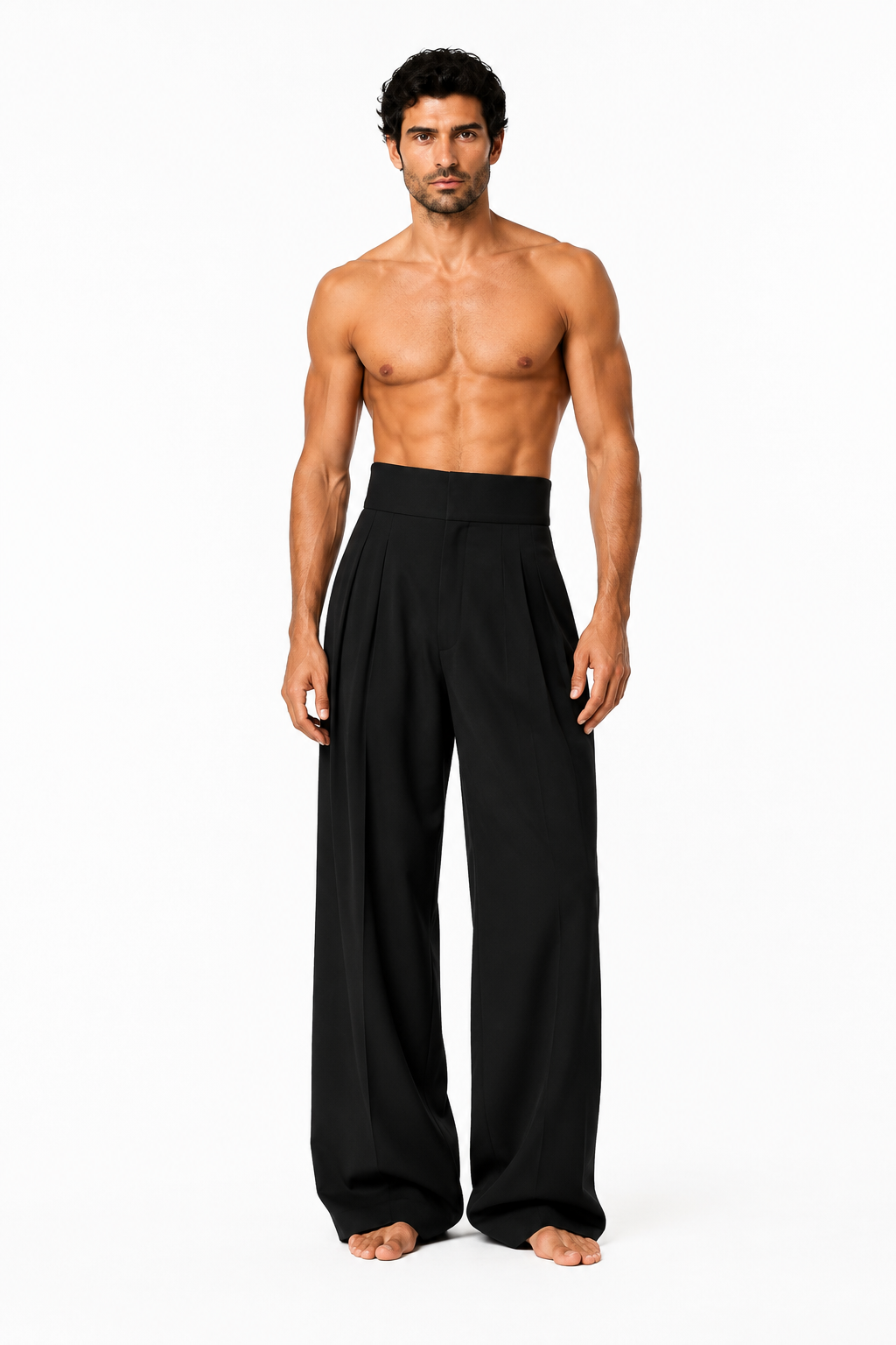 Shirtless barefoot male model wearing PLEATED WIDE-LEG TROUSERS 000 by A. Manso, front view