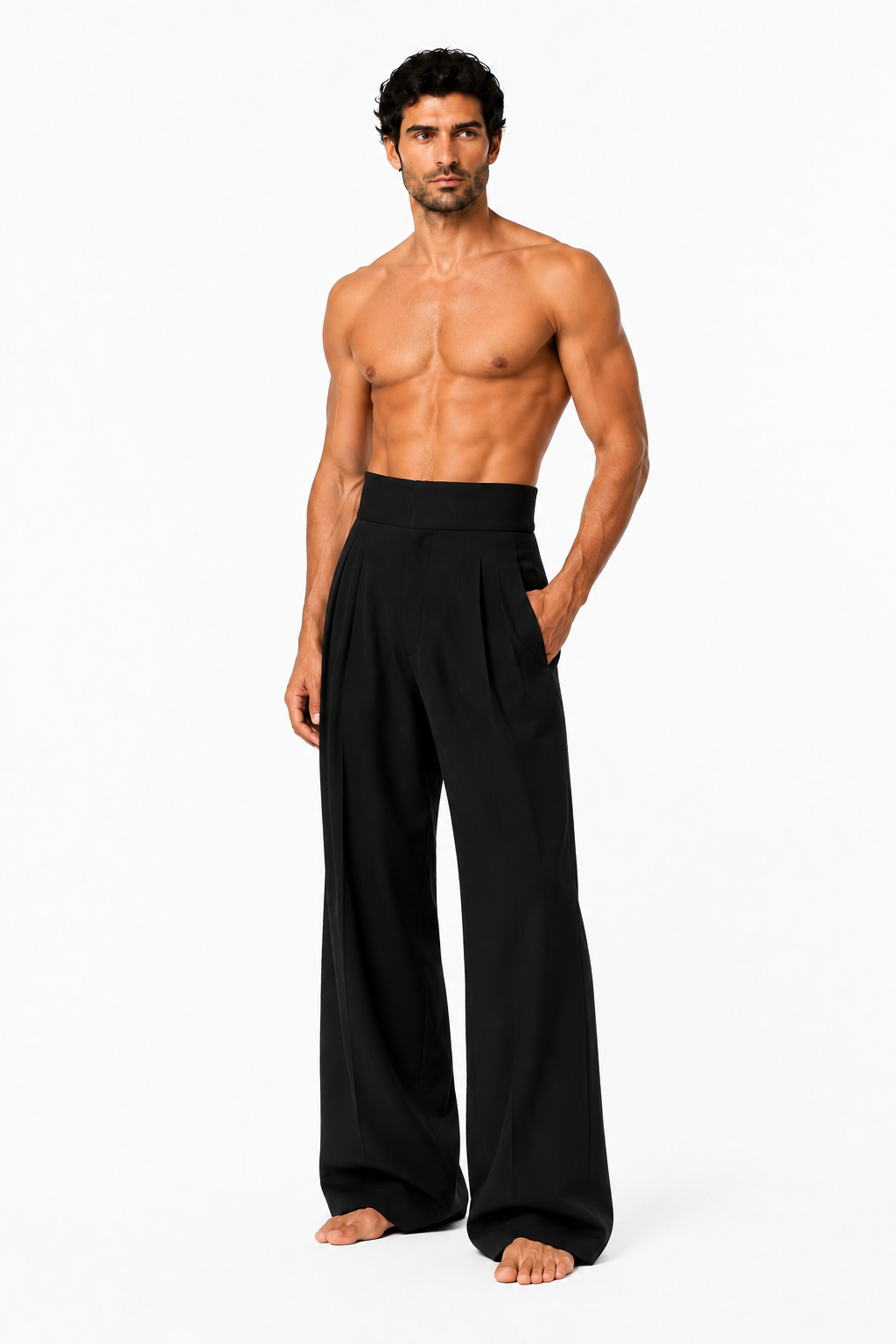 Shirtless barefoot male model wearing PLEATED WIDE-LEG TROUSERS 000 by A. Manso, three-quarter view