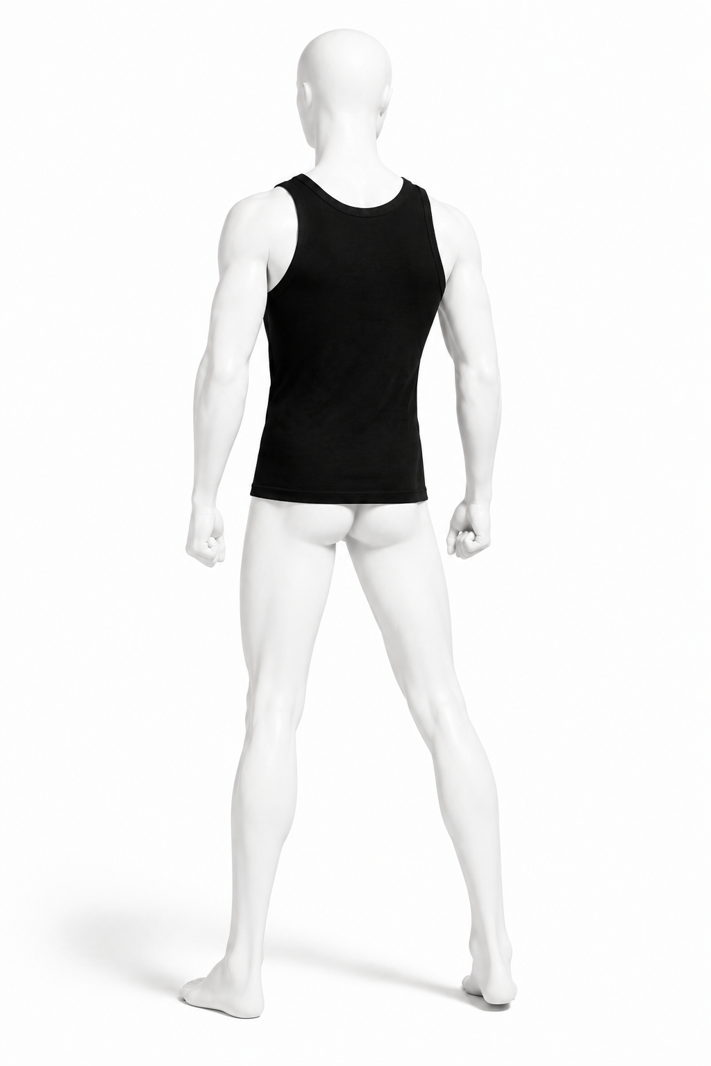RIBBED TANK 001 full back view on a masculine white mannequin