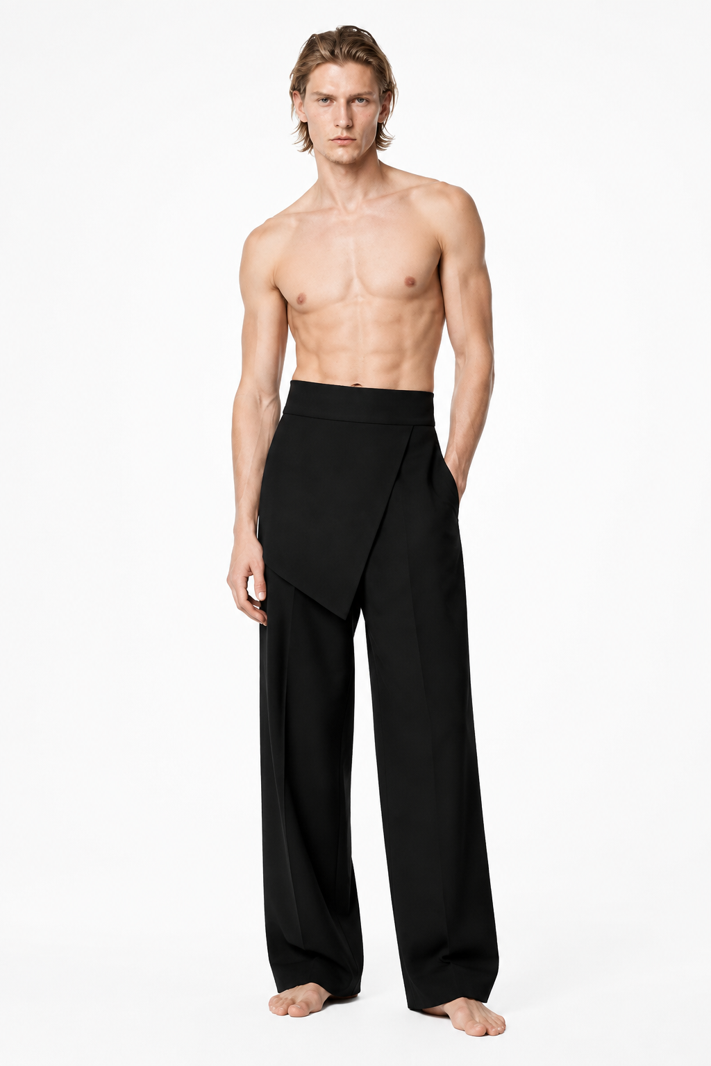 Shirtless barefoot male model wearing WRAP TROUSERS 000 by A. Manso, front view